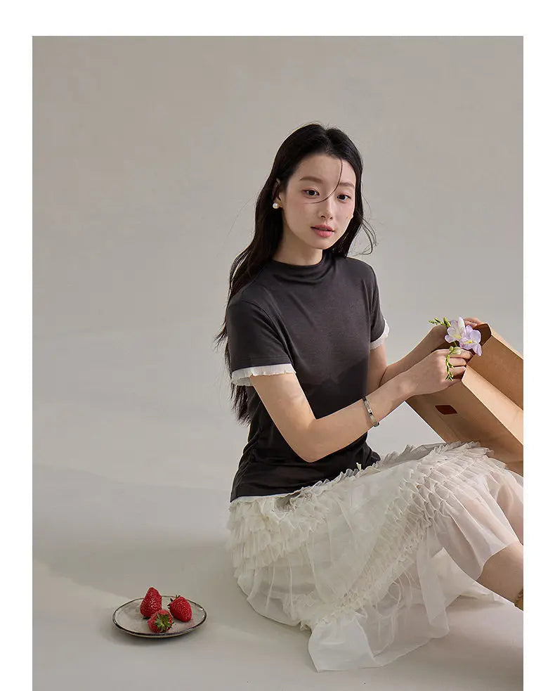 Korean Style Lace Elastic Waist Cake Skirt Mesh Puffy Skirt Women's Dress Knee Length Casual A-Line Skirt Micro Stretch No Slit