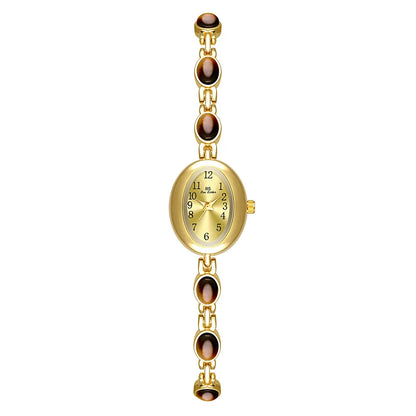 Women's watch Vintage Natural Colorful Jade Bracelet Wristwatches Clock,Luxury Elegant Small Oval Dial Quartz Watch Waterproof