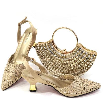 Latest High Heel Gold Color Atmospheric Luxury Pattern With Rhinestones Party Ladies Shoes And Bag Set
