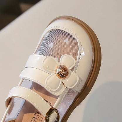 Toddler Girls Elegant Glossy Mesh Mary Jane Flats Flower Buckle Strap Heart Pattern Chunky Sole Comfortable Party School Shoes