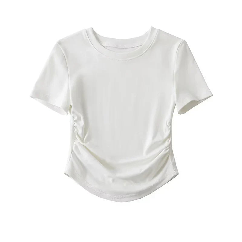 Harajuku Women Crew Neck Short Sleeve Cotton Tee With Ruched Sides Detail T-shirts