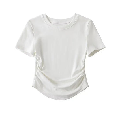 Harajuku Women Crew Neck Short Sleeve Cotton Tee With Ruched Sides Detail T-shirts