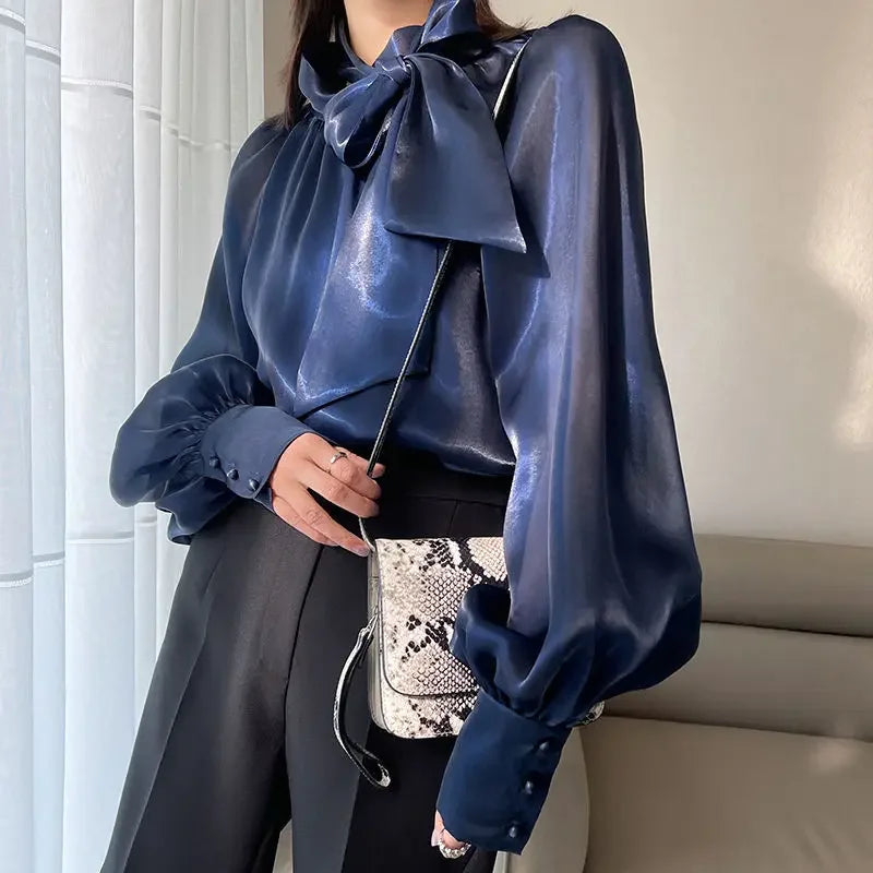 Women's Satin Blouses Stylish Big Bow Shirts 2023 Spring Autumn New Fashion Korean Edition Casual Puff Sleeve Female Solid Top