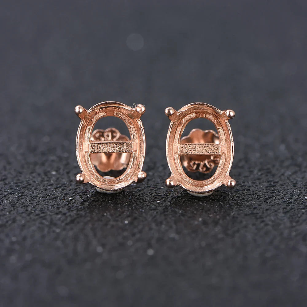 Oval 4-prong silvery Golden Rose golden color solid 925 sterling silver stud earring settings DIY jewelry supplies