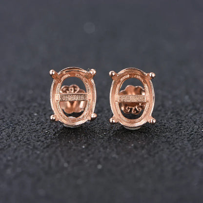 Oval 4-prong silvery Golden Rose golden color solid 925 sterling silver stud earring settings DIY jewelry supplies
