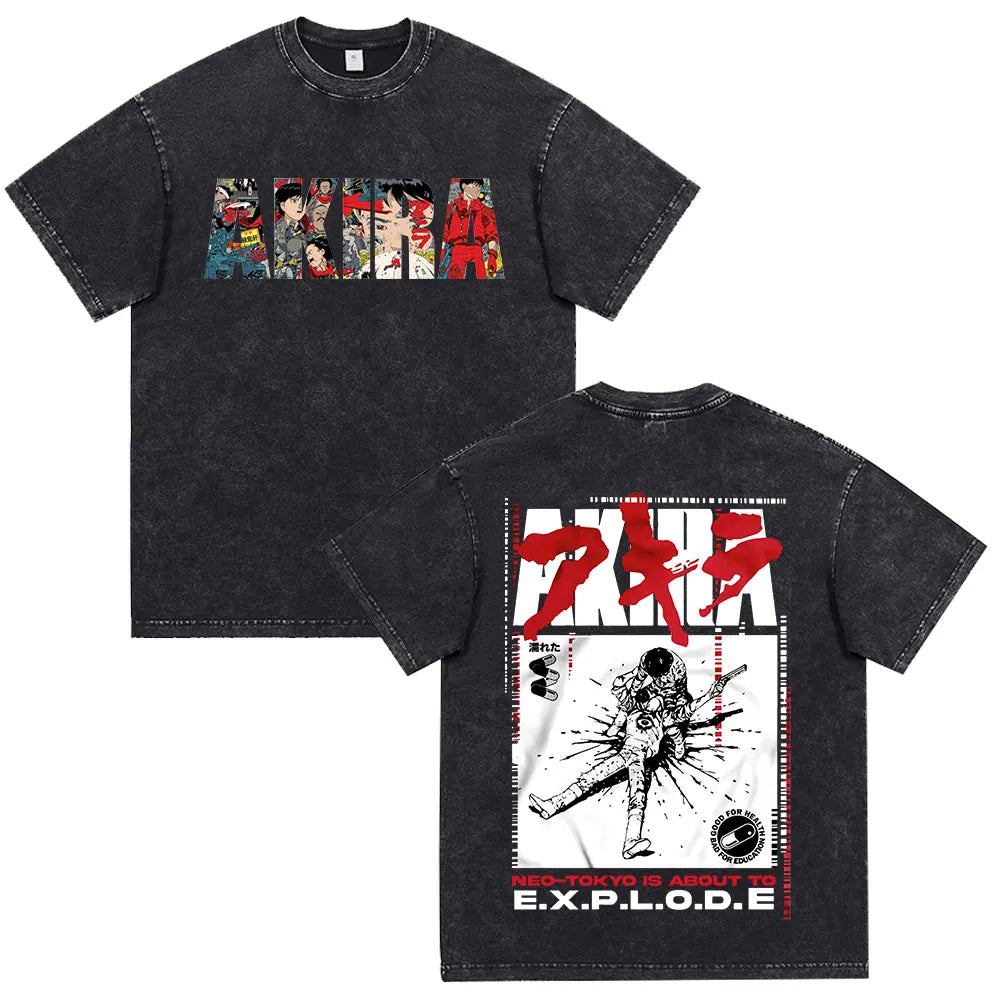 Japanese Anime Akira Washed Vintage T Shirt Science Fiction Cartoon Movie Shotaro Kaneda T-shirt Men Women Cotton Casual T-shirt