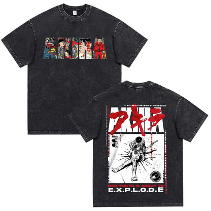 Japanese Anime Akira Washed Vintage T Shirt Science Fiction Cartoon Movie Shotaro Kaneda T-shirt Men Women Cotton Casual T-shirt