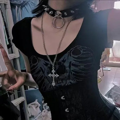 Black Rhinestone Cross Jesus Pendant Choker Necklace for Women Punk Vintage Double Layers Chain Boho Jewelry Fashion Party Gifts