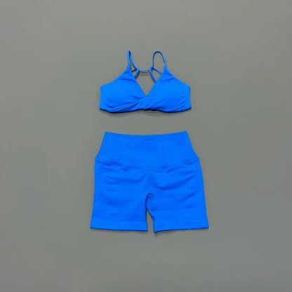 Women 2 Piece Gym Set Seamless Yoga Sports Bra V Neck Twist Front Tummy Control Butt Lifting Shorts Fitness Running Workout Set