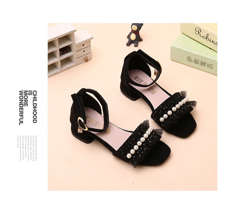 Girls Sandals Summer Shoes Cute Pearls Roman Shoes Pink Black Beading Open-toe Kids Fashion Girls Party Sandals Kids Shoes Chic