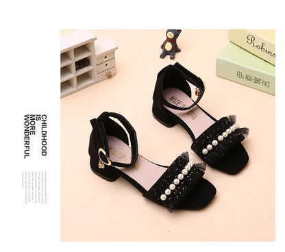 Girls Sandals Summer Shoes Cute Pearls Roman Shoes Pink Black Beading Open-toe Kids Fashion Girls Party Sandals Kids Shoes Chic
