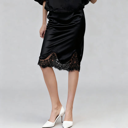 Women Satin Half Slip Skirts Lace Trim Elastic Waist Midi Skirt Elegant Silky Bodycon Knee Length Underskirts