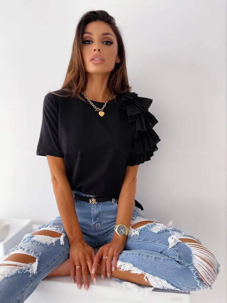 Women Summer Ruffles Short Sleeve Loose T Shirt Chic Elegant Solid O Neck Tops Casual Simple All Match Tee Streetwear Blouse