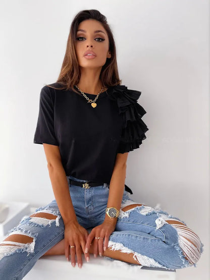 Women Summer Ruffles Short Sleeve Loose T Shirt Chic Elegant Solid O Neck Tops Casual Simple All Match Tee Streetwear Blouse