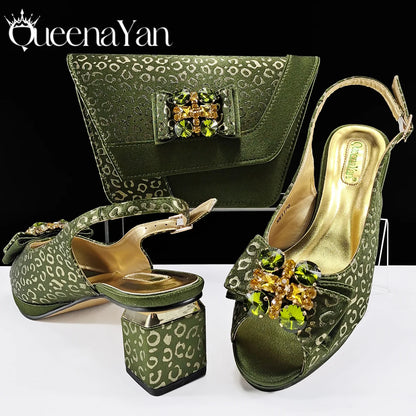 2025 Shiny Italian Fashion Pointed Toe Women Heel Fashion Rhinestone Decoration Pink Color Shoes And Bag Set