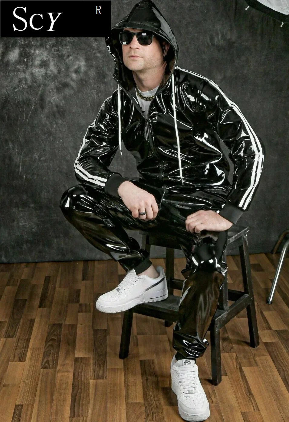 Men's and women's PU leather Hoodie suit leisure sportswear Hoodie jogging suit sportswear men's suit bright leather sportswear