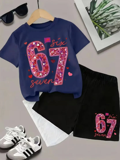 2026 New Cool 67 Funny Printed Kids T-Shirt Shorts Sports Set Fashion Children's Clothes Casual Boy Girl Short Sleeve Shorts Set