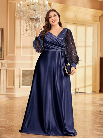Plus Size Luxury Green V-Neck Sequin Evening Dress Elegant Women Party Maxi Dress Long Sleeve Cocktail Dress Graduation Prom