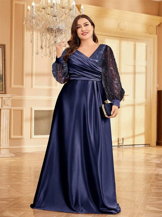 Plus Size Luxury Green V-Neck Sequin Evening Dress Elegant Women Party Maxi Dress Long Sleeve Cocktail Dress Graduation Prom