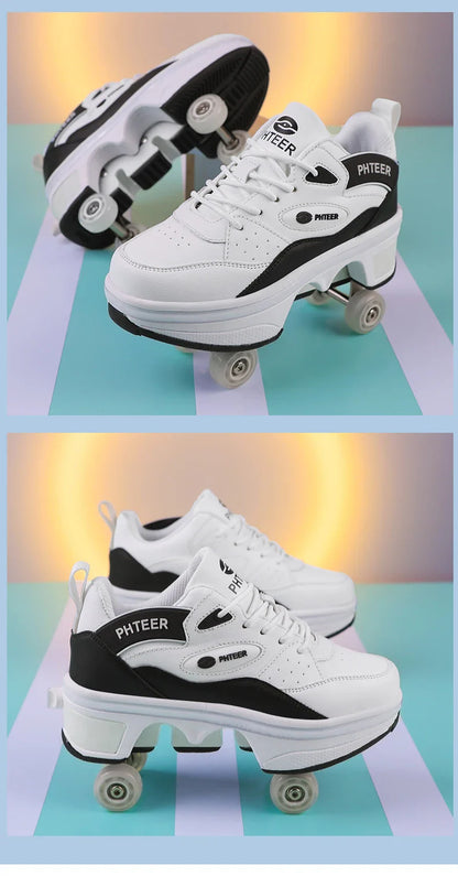 Deformation Shoes Roller Sneakers With 4 Wheels Skates Adult Kids Runaway Parkour Wheels Shoes For Women Men Youth Sport Shoes