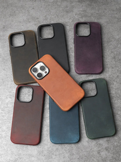 Genuine Leather Case for iPhone 17 16 15 Pro Max Magnetic PULL-UP Cowhide Phone Cover