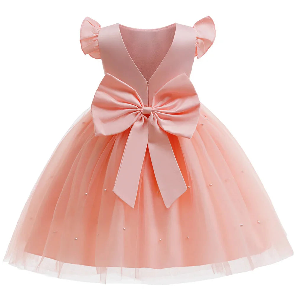 Girls White Wedding Pearls Elegant Pageant Princess Dress For Girls Backless Big Bow Wedding Bridesmaid Birthday Party Ball Gown