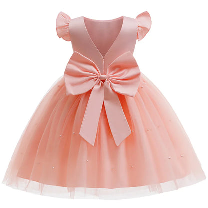Girls White Wedding Pearls Elegant Pageant Princess Dress For Girls Backless Big Bow Wedding Bridesmaid Birthday Party Ball Gown