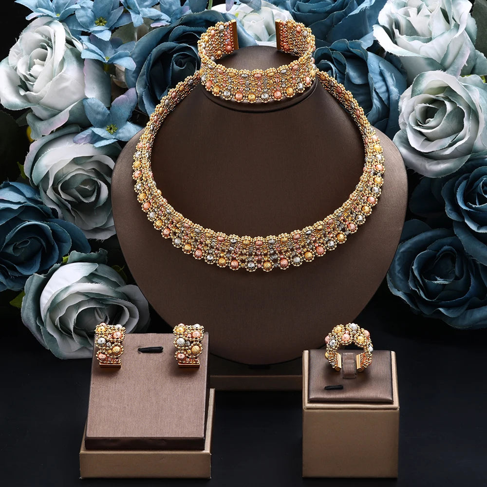 Dubai Casamento Nupcial Conjuntos Completos De Joias Para Mulheres Festa Luxo Nigéria Banhado A Ouro Contas Gargantilha Colar Conjunto De Joias