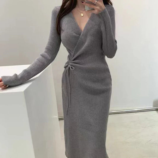 V-ne Knitted Wrap Waist Slimming Mid-length A-line Dr Women's Sweater Dr Korean Sle High Waist Long Sve