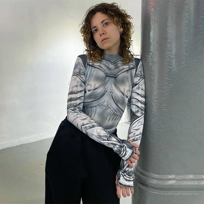 Printed Skinny Sexy Bodysuit Lingerie Gray One-pieces Bustier Long Sleeve Corset Top Streetwear Fashion Trends Women Clothing