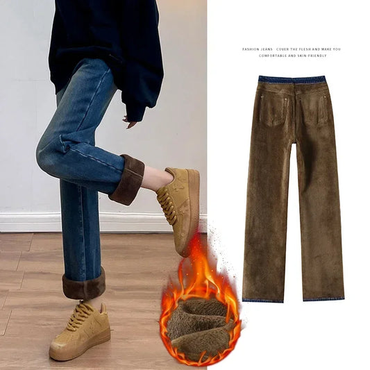 Women's Velvet Jeans Loose Straight Warm Soft Fleece Pants