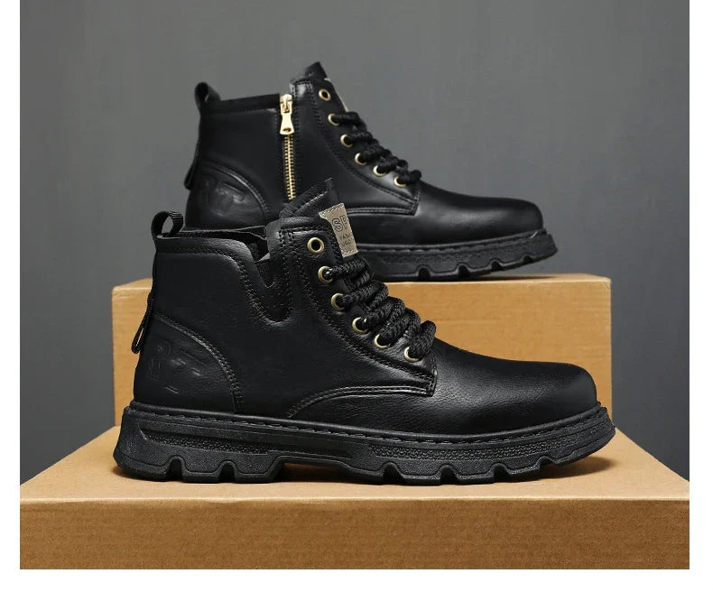 New MEN'S BOOTS with Retro Style Leather Boots, Thick Soles, Wear-resistant MEN'S High Top Casual Shoes, Side Zippers