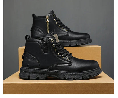 New MEN'S BOOTS with Retro Style Leather Boots, Thick Soles, Wear-resistant MEN'S High Top Casual Shoes, Side Zippers