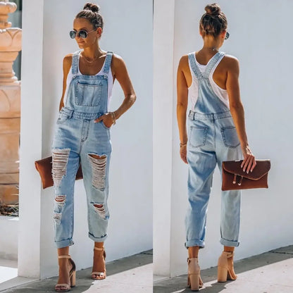 Calça Jeans de Uma Peça Suspensa Reta