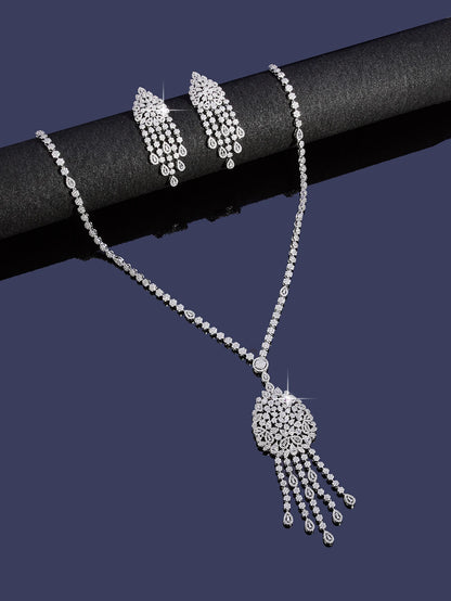 Long Sweater Chain Tassel Necklace Earring Set for Women Luxury Cubic Zirconia Bridal Jewelry Set Wedding Accessorie