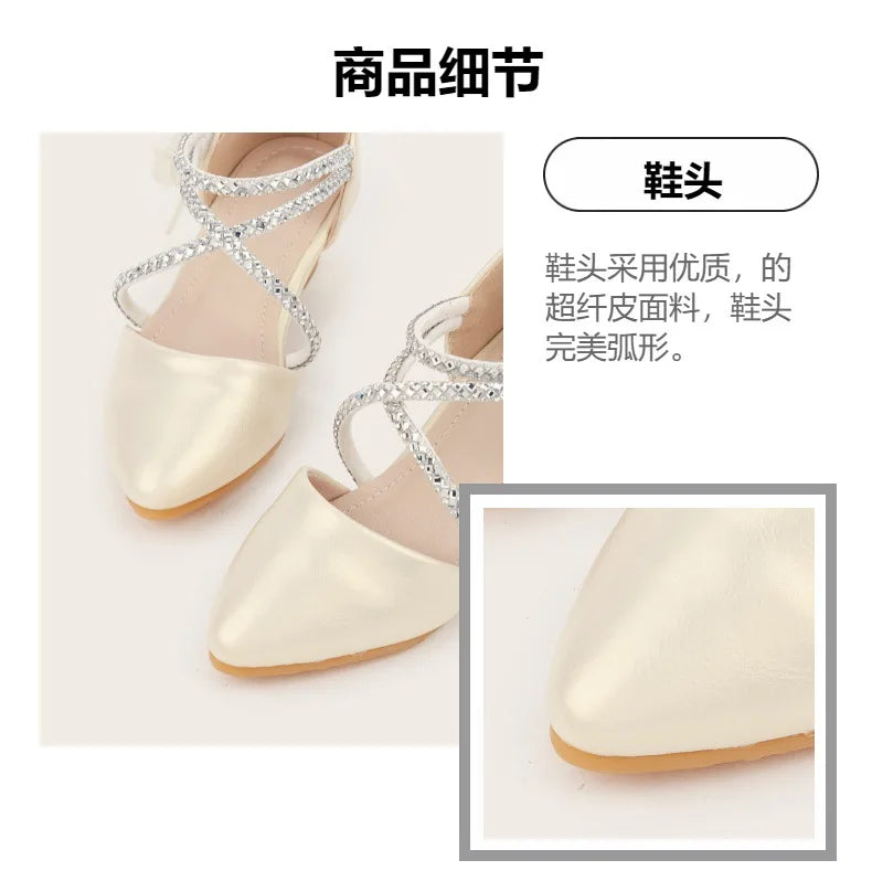 2025 Summer New Fashion Flower Girls' Princess Shoes Crystal Performance Children's Sandals Pointed Toe Children's High Heels