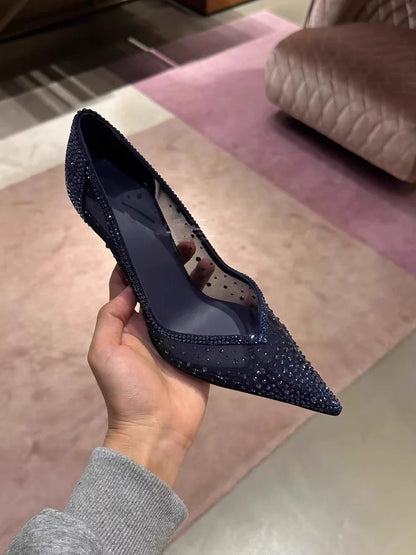 Novos sapatos femininos de salto alto finos pontiagudos com strass de malha, sapatilhas de bico fino, sandálias sexy apimentadas