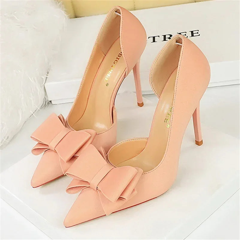 2024 Women 10.5cm High Heels Sweet Korean Side Hollow Pumps Lady Party Purple Green Kawaii Bowknot Heels Prom Silk Satin Shoes