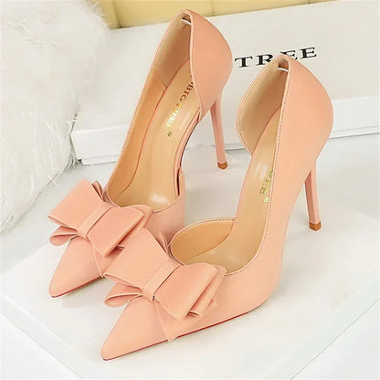 2024 Women 10.5cm High Heels Sweet Korean Side Hollow Pumps Lady Party Purple Green Kawaii Bowknot Heels Prom Silk Satin Shoes