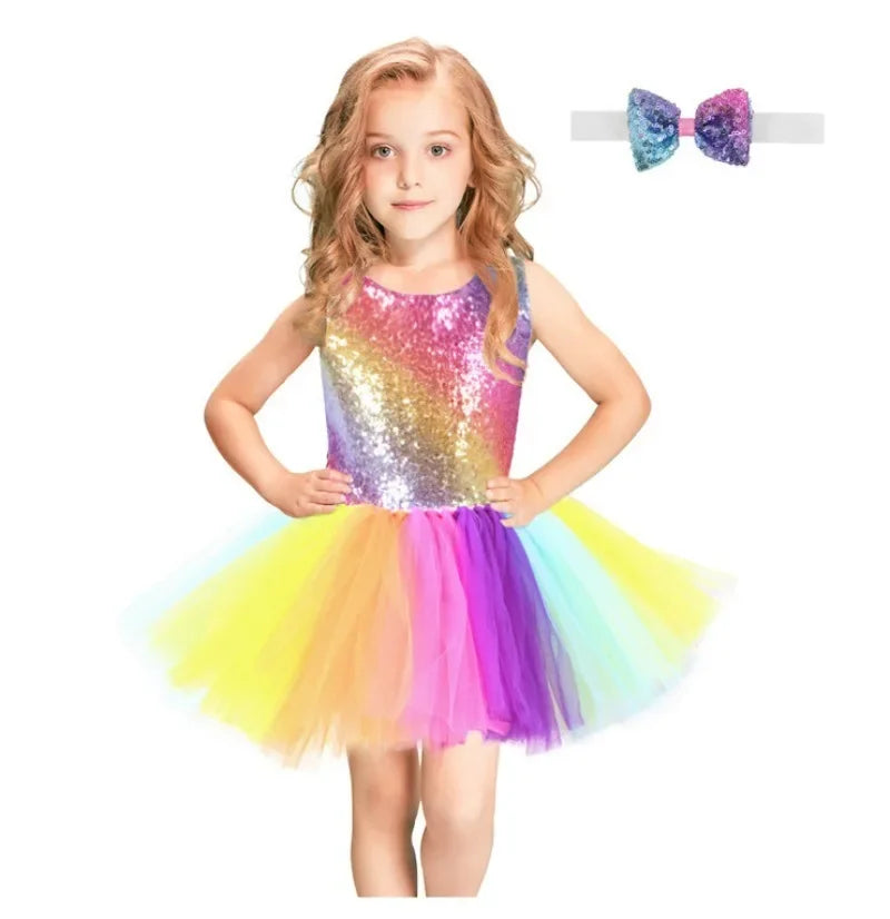 Summer Princess Dress Dance Performance Dress Birthday Dress Rainbow Sequin Fluffy Dress Girl's Children's Clothing Prom Dresses