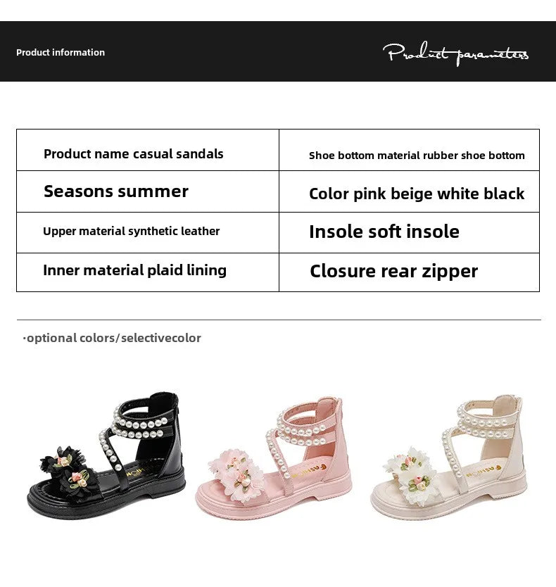 Children's Sandals Summer Bowtie Princess Shoes for Girls Fashion Sweet Kids Causal Pearl Roman Sandals Solid Color Hook Loop