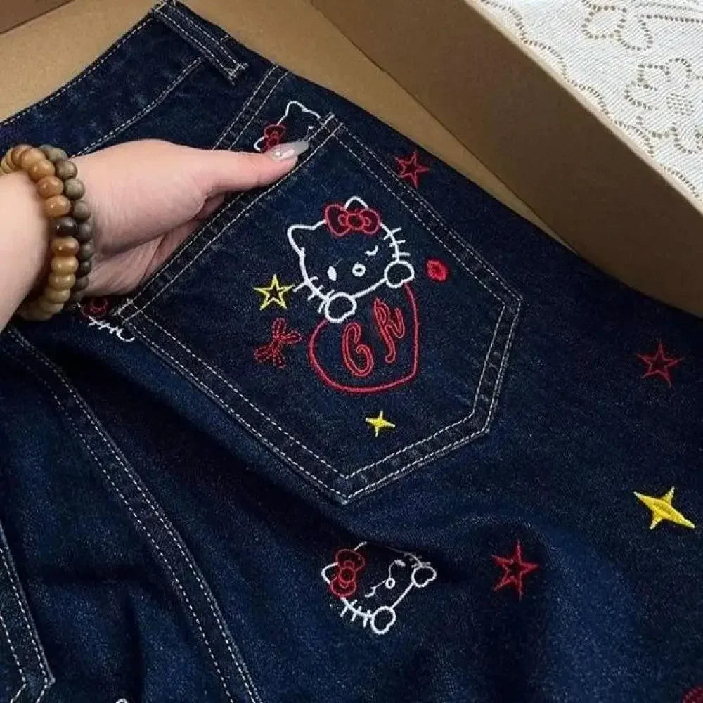 American Style Y2K Hello Kitty Denim Pants Sanrios Anime Girls Jeans Kawaii New Women Summer Cat Embroidered Slim Straight Pants