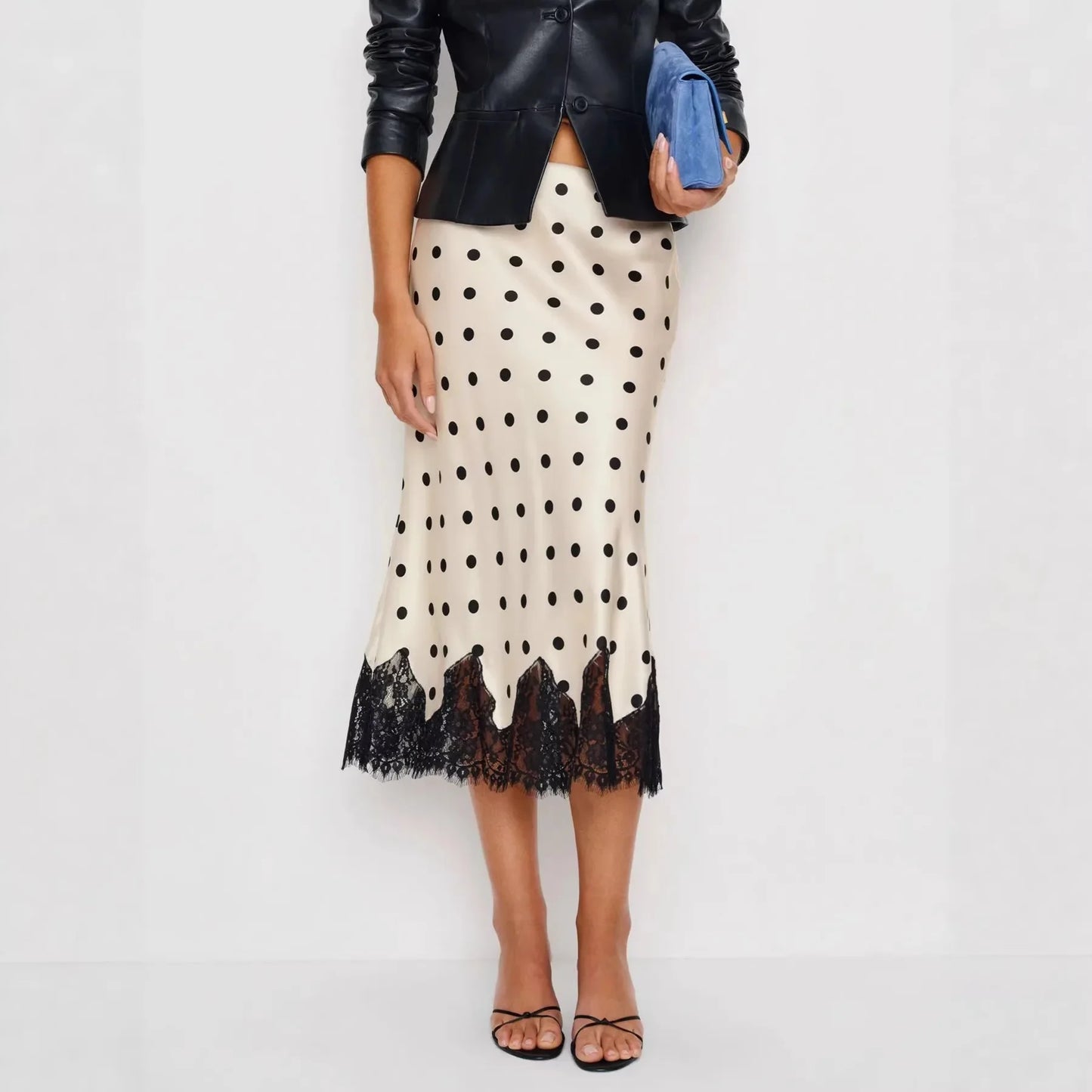 Women's Polka Dot Print Satin Skirt Sexy Lace Patchwork High Waist Skirts Chic Commute Street Party Lady Clothes for 2026 Summer