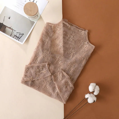 Elegant Sexy Women's Mesh T-Shirts Long Sleeve Lace See Through Blouse Versatile Bottoming Shirt Girls Sheer Tees Body Crop Top