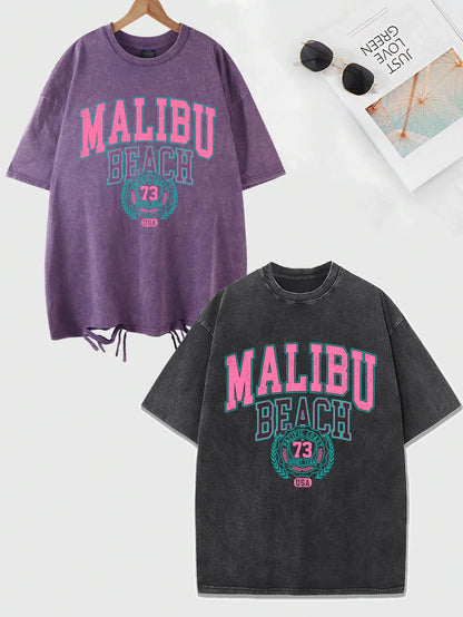 Beach Washed T-Shirt Women Letter Printing Cotton T Shirt Comfortable Crewneck Tops Casual Oversized Tees Female Clothes