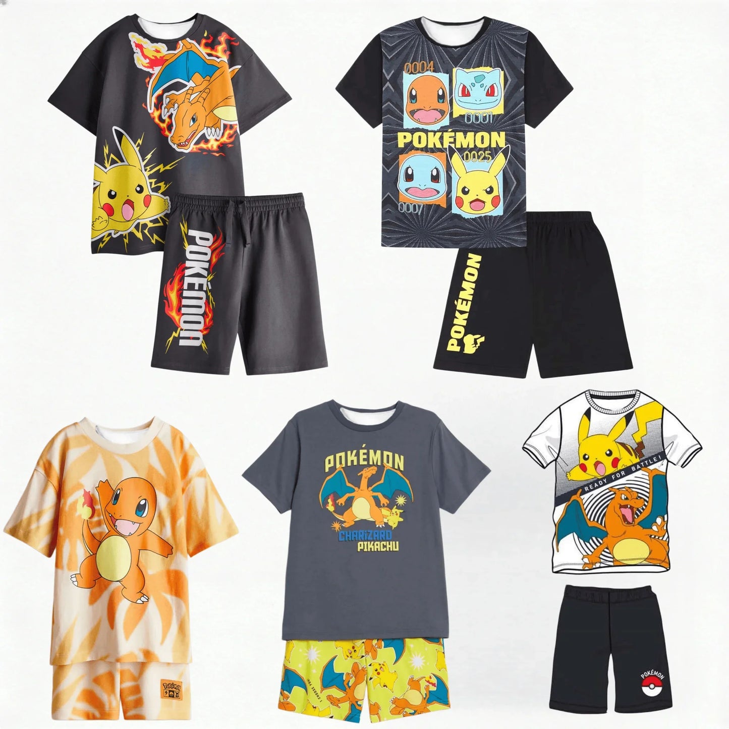 Pokémon Charmander Pikachu 3D Printed T-shirt and Shorts - Boys' and Girls' Casual Pajama Summer Set FamilyMatching Kids