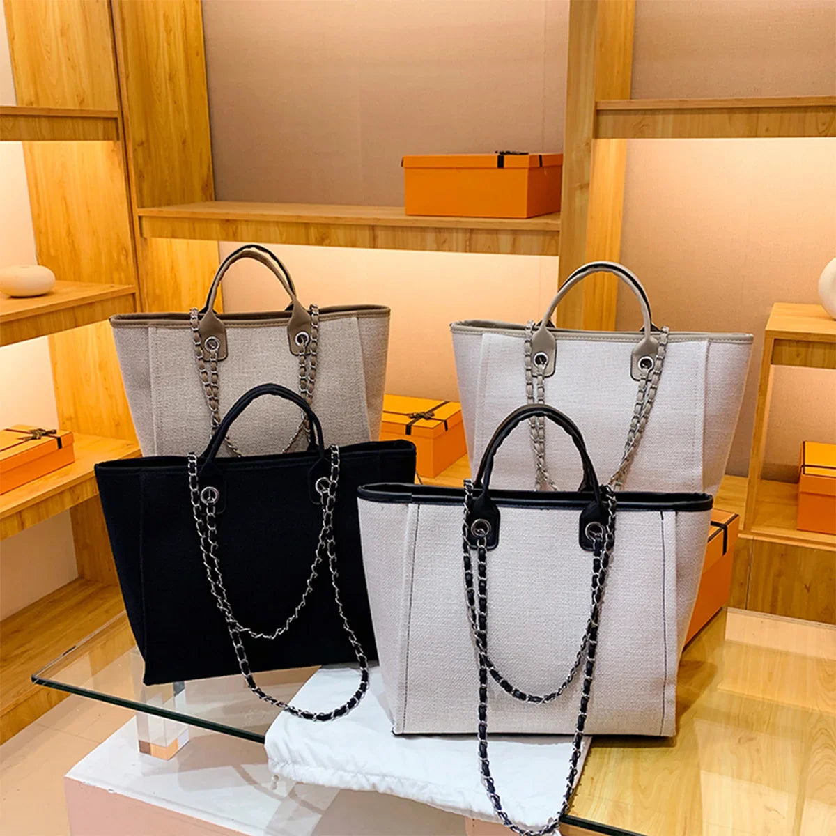 Matte Canvas Shoulder Bag Solid Color with Chain Strap Lightweight Large Capacity Embroidered Zipper Classic Handbag