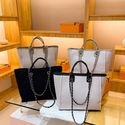 Matte Canvas Shoulder Bag Solid Color with Chain Strap Lightweight Large Capacity Embroidered Zipper Classic Handbag