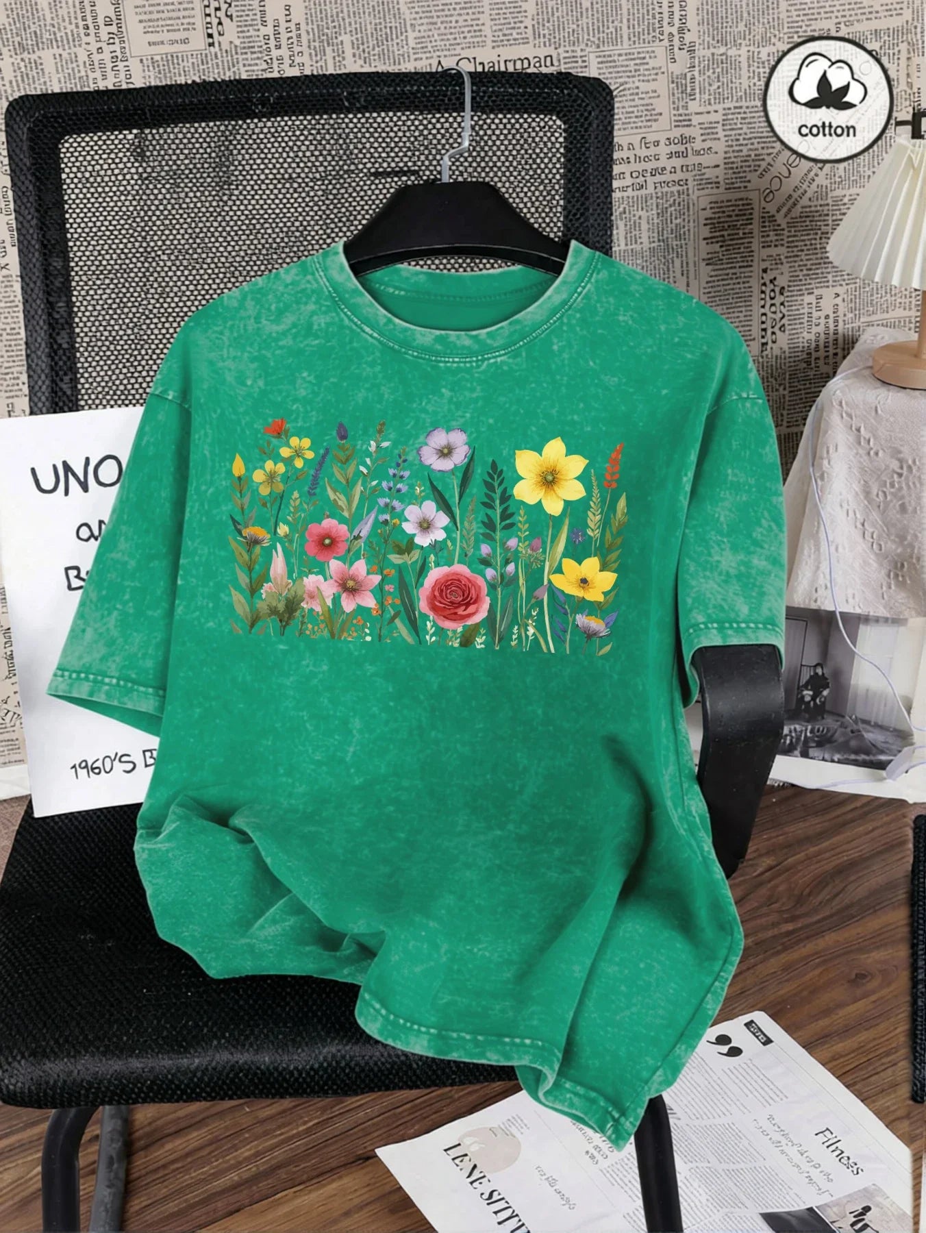 Rich Colors Simple Flowers Print Washed Female T-Shirt Summer Breathable T-Shirt Cotton Soft Short Sleeve All-Match Streetwear