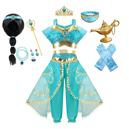 Jasmine Princess Dress for Girls Cosplay Aladdin Magic Lamp Costume Kids Halloween Birthday Carnival Party Vestidos